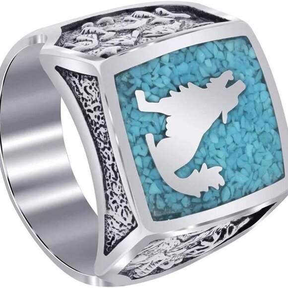 New Mens Southwest Turquoise How Call Wolf Ring - Picture 1 of 4